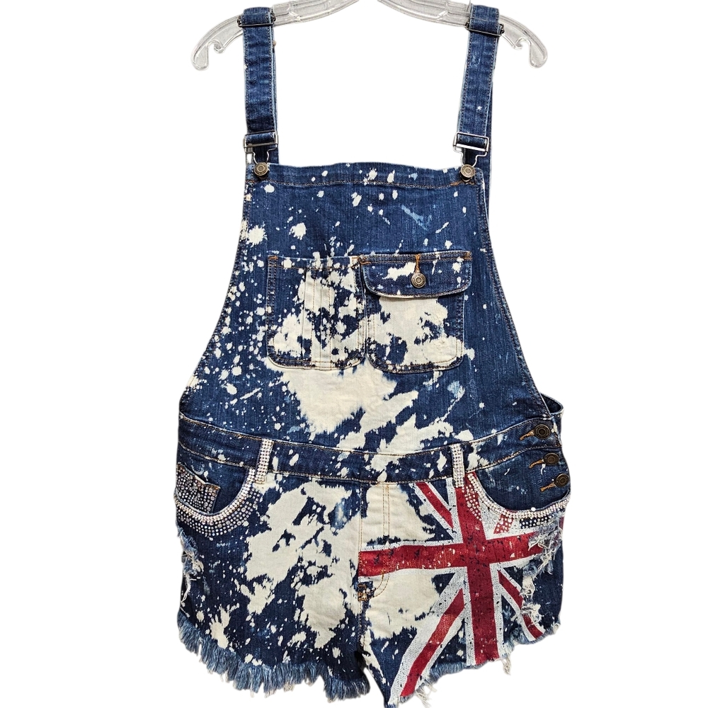Nwt Machine Denim British Flag Paintsplash,Rhinestone Accent Overall Shorts